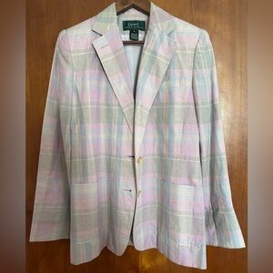 Vintage Ralph Lauren Women’s Green Label Linen Pastel Plaid Blazer, Size 4